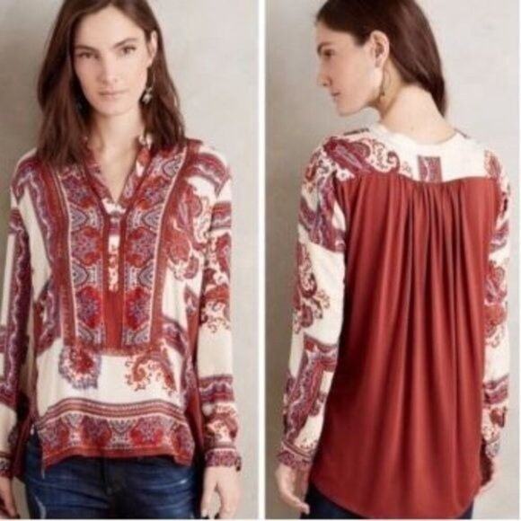 Anthropologie · Tiny Nahara Blouse · Rayon Split Neck Boho Paisley Top Small - Picture 10 of 10